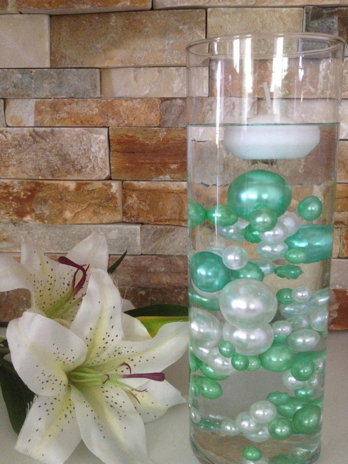 80pc Unique Floating Pearls Decor, Seafoam Green/White Pearls, Jumbo Pearls Vase Fillers, No Hole Pearls