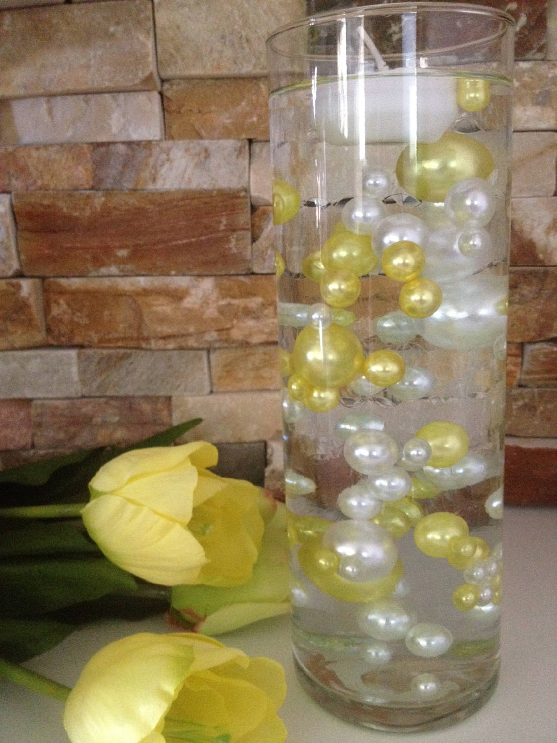 80pc Unique Floating Pearls Decor, Yellow/Ivory Pearls, Jumbo Pearls Vase Fillers, No Hole Pearls