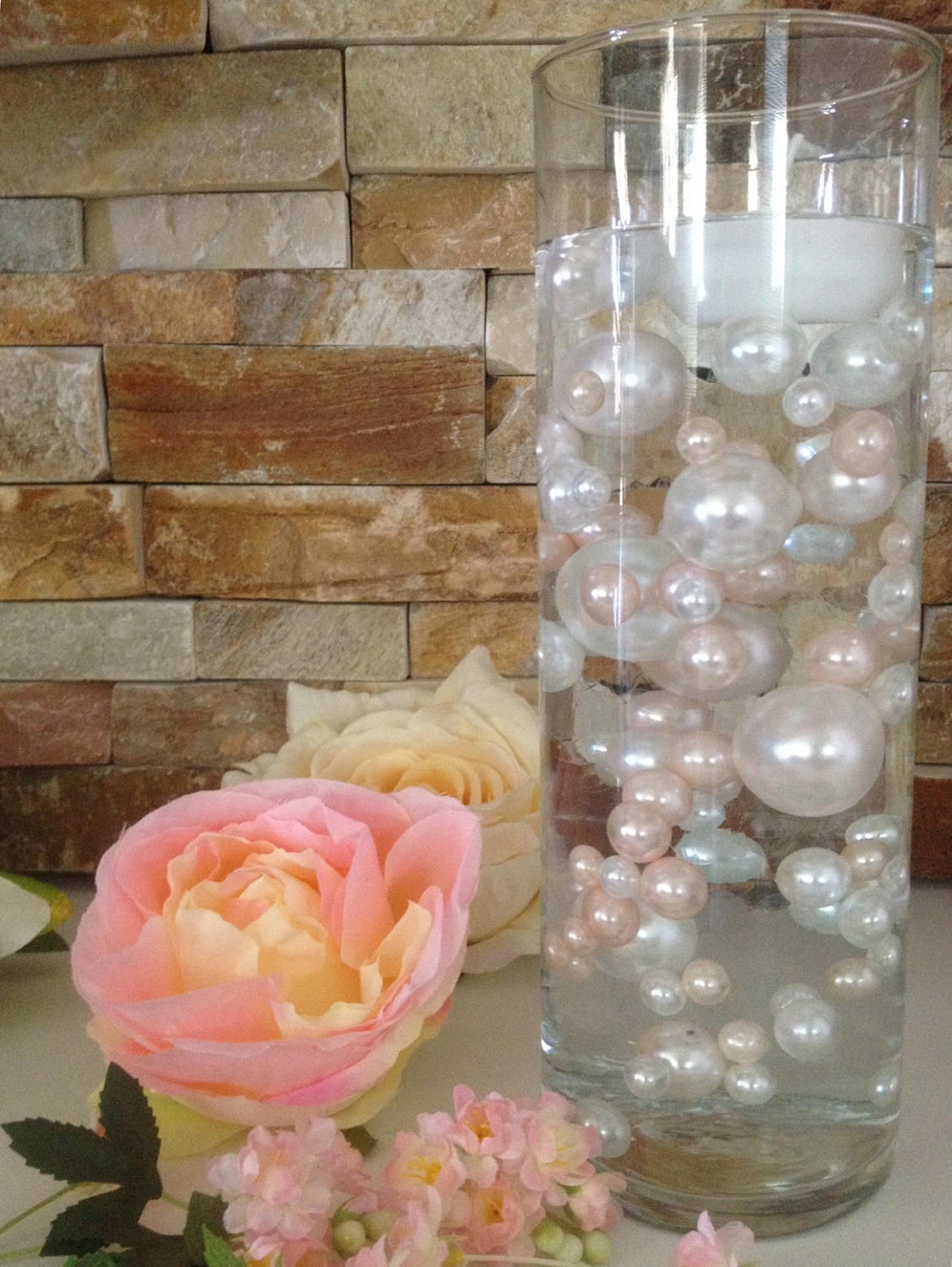 Blush Pink Pearls/Ivory Pearls 80pc Unique Floating Pearls Decor, Jumbo Pearls Vase Fillers, No Hole Pearls