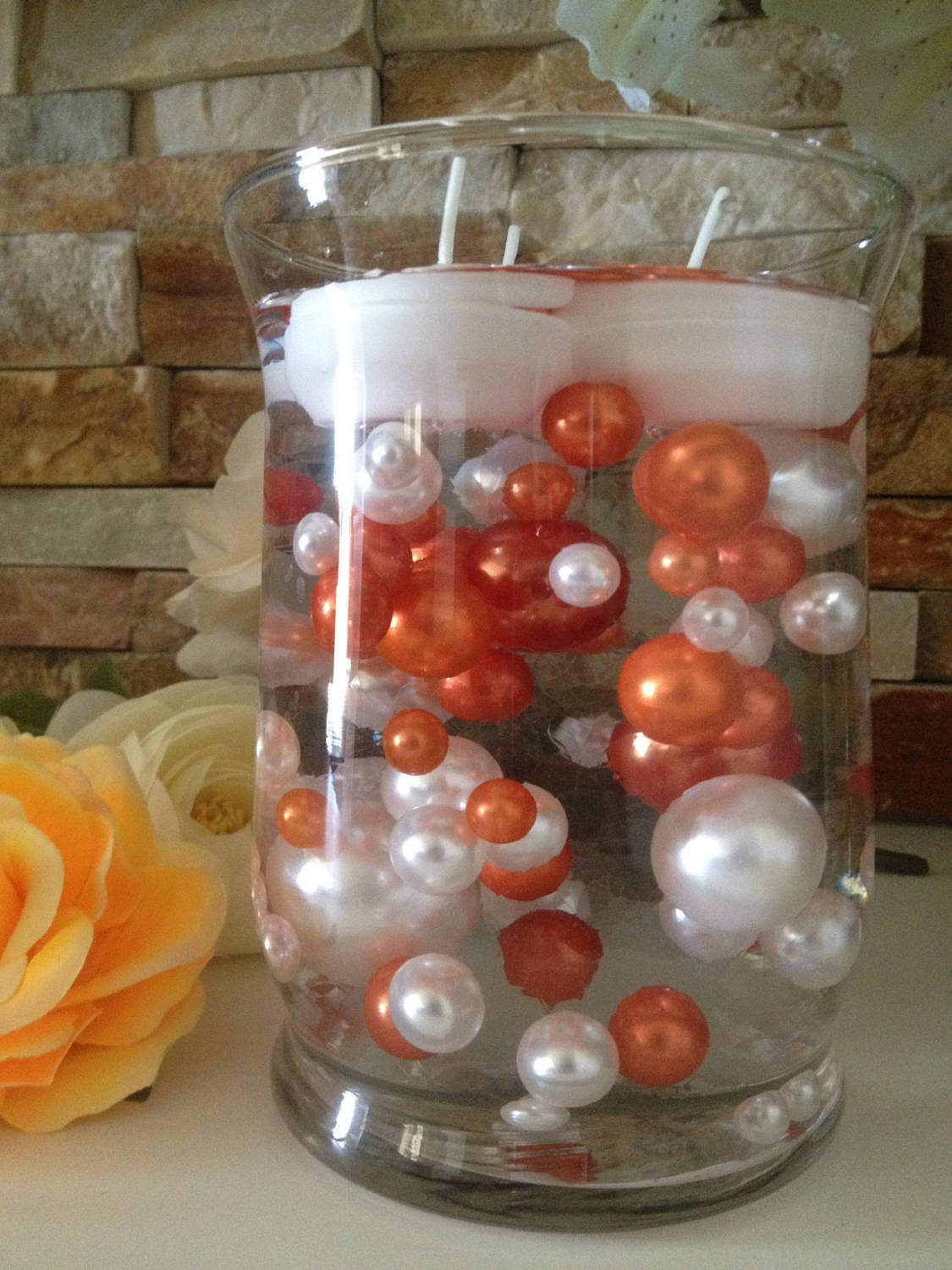 80pc Coral Orange/White Pearls, Floating Pearls Decors, Jumbo Pearls Vase Fillers, No Hole Pearls, Decorative Pearls, Pearls Confetti