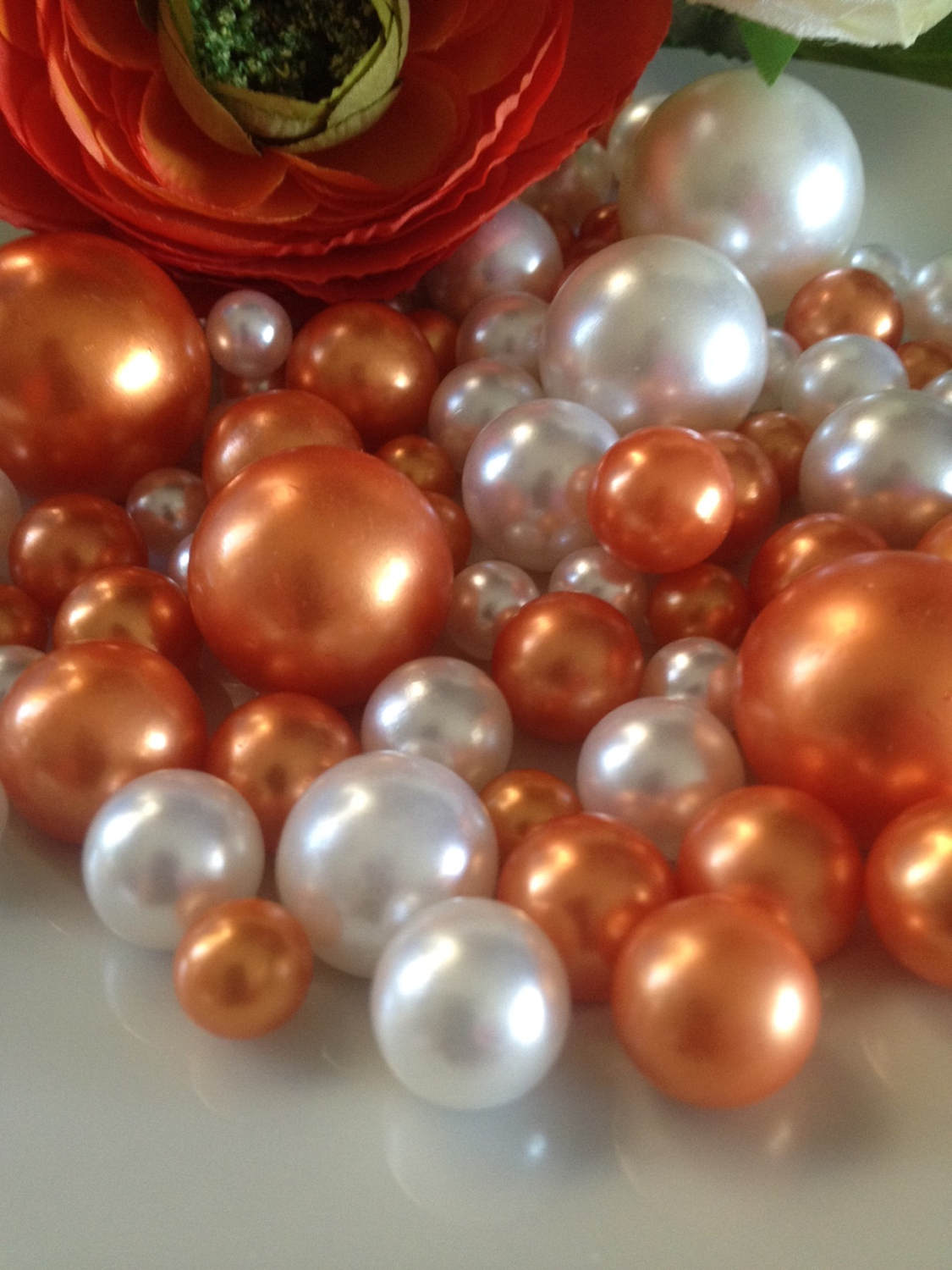 80pc Coral Orange/White Pearls, Floating Pearls Decors, Jumbo Pearls Vase Fillers, No Hole Pearls, Decorative Pearls, Pearls Confetti