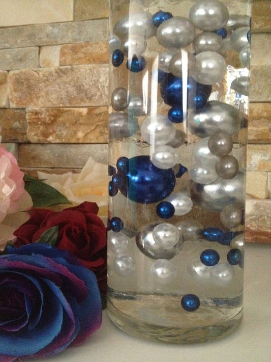 Unique Royal Blue/White/Silver 80pc Mix, Jumbo Pearls Vase Fillers, Decorative Pearls, Pearls Confetti