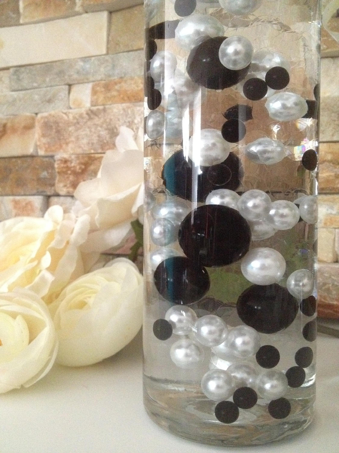 Black/White Floating Pearls 80pc Mix, Jumbo Pearls Vase Fillers, Decorative Pearls, Pearls Confetti