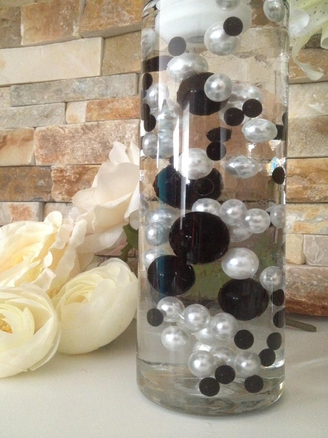 Black/White Floating Pearls 80pc Mix, Jumbo Pearls Vase Fillers, Decorative Pearls, Pearls Confetti