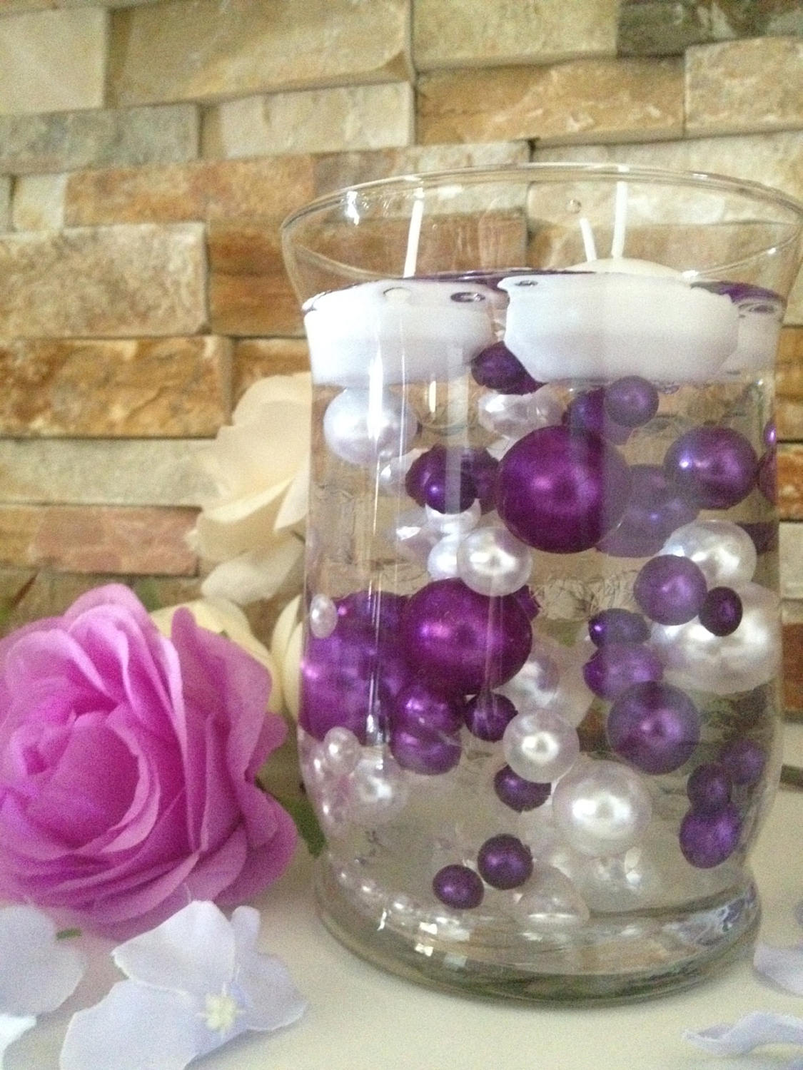 Purple/White Floating Pearls 80pc Mix, Jumbo Pearls Vase Fillers, No Hole Pearls, Decorative Pearls, Pearls Confetti