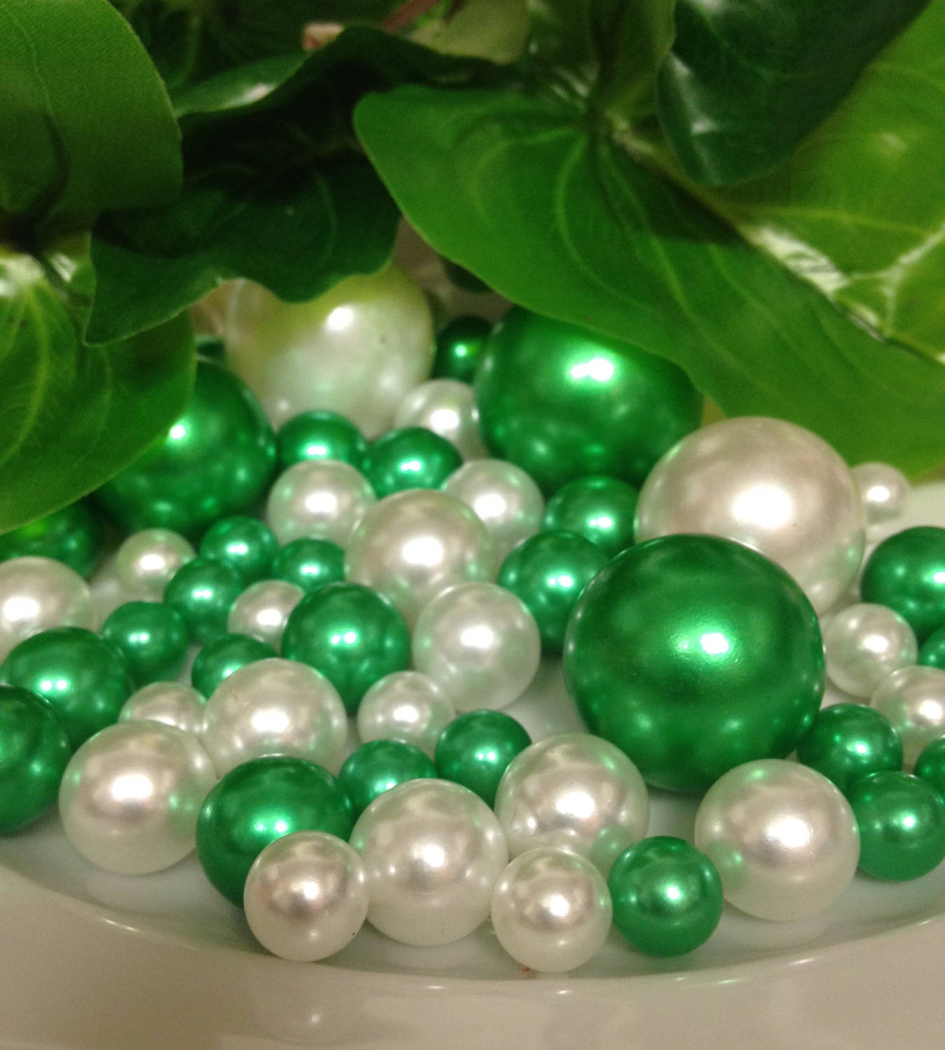 Green/White Decorative Pearls For Vase Fillers Table Scatters, Floating Pearl Centerpiece, Go Green Wedding Theme