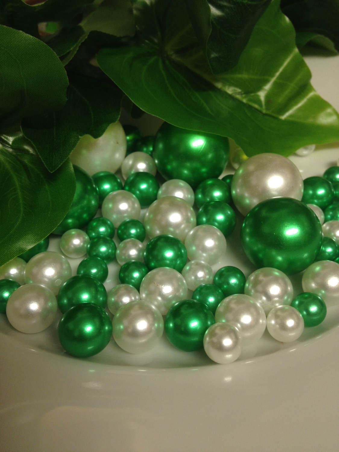 Green/White Decorative Pearls For Vase Fillers Table Scatters, Floating Pearl Centerpiece, Go Green Wedding Theme