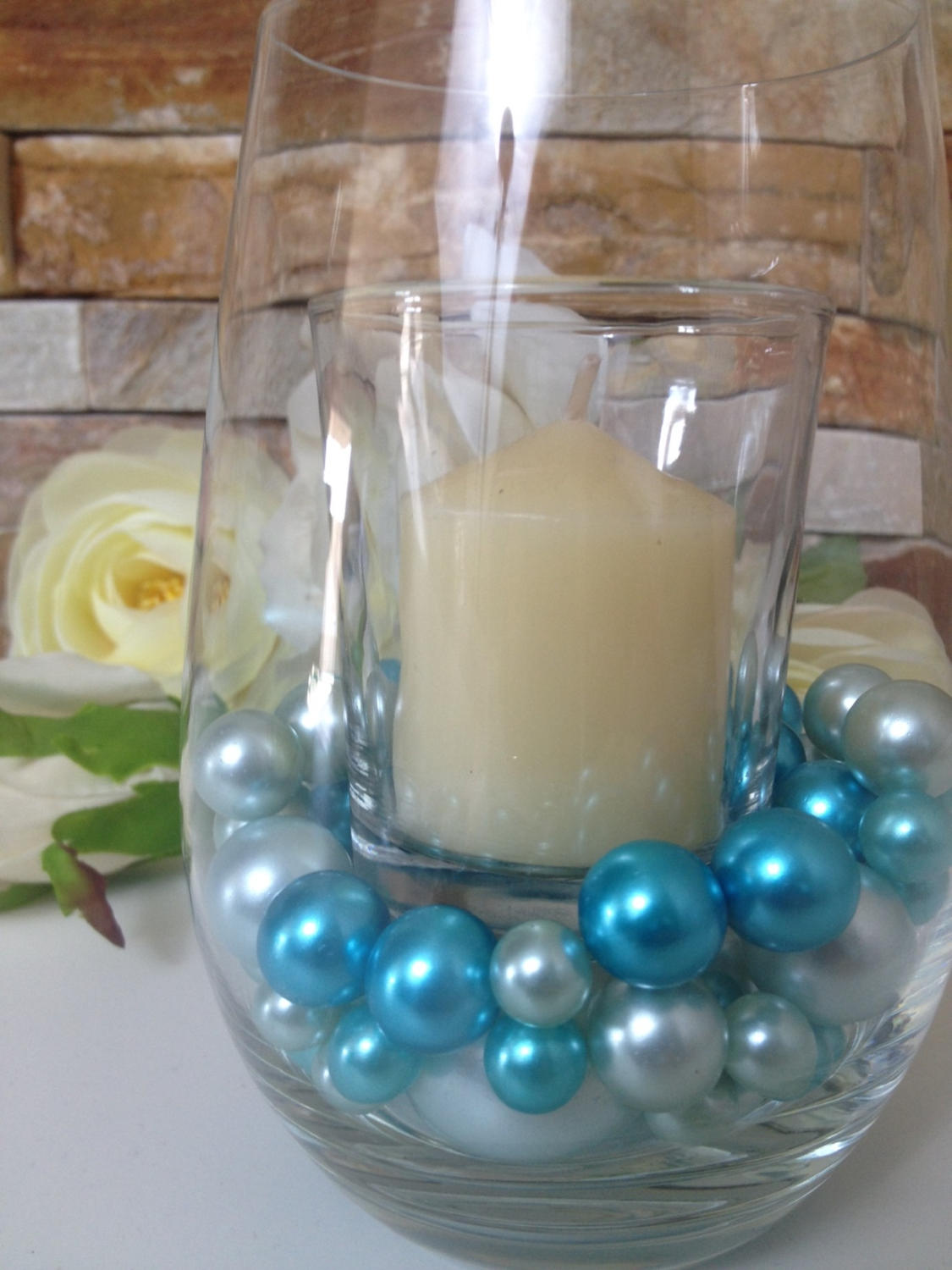 Easy DIY Floating Pearl Centerpiece Teal/Light Blue Pearls 80pc Mix, Jumbo Pearls Vase Fillers, Table Scatters, Wedding Pearl Centerpieces