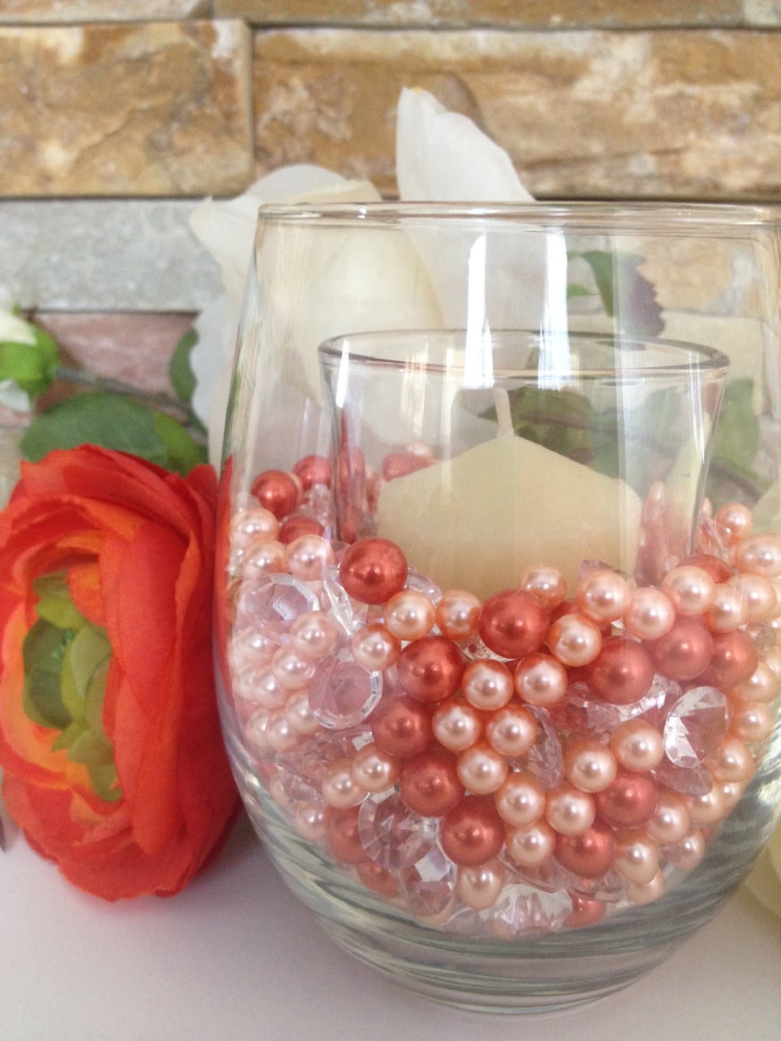 Peach/Coral Orange Pearls 80/500pc Mix, Jumbo Pearls Vase Fillers, Diamonds/Pearl Confetti, Floating Pearl Centerpieces, Wedding Pearl Decor