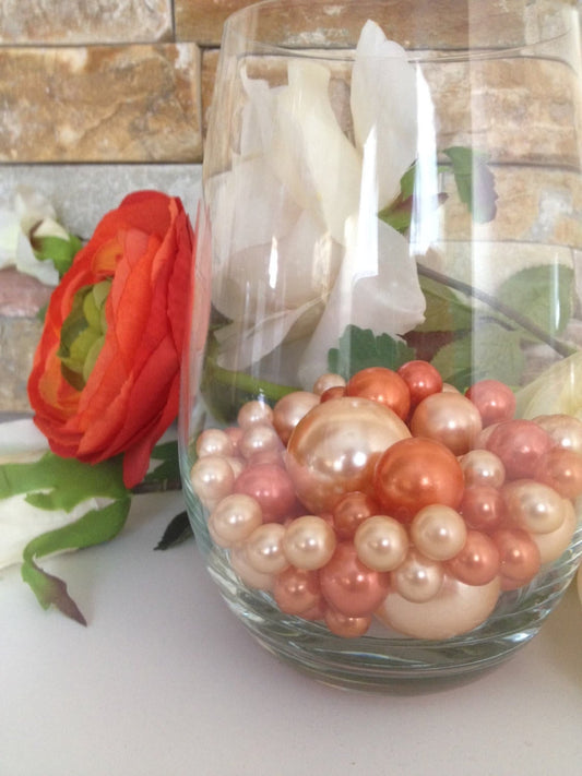 Peach/Coral Orange Pearls 80pc Mix, Jumbo Pearls Vase Fillers, Table Scatters, Floating Pearl Centerpiece. Wedding Pearl Centerpieces