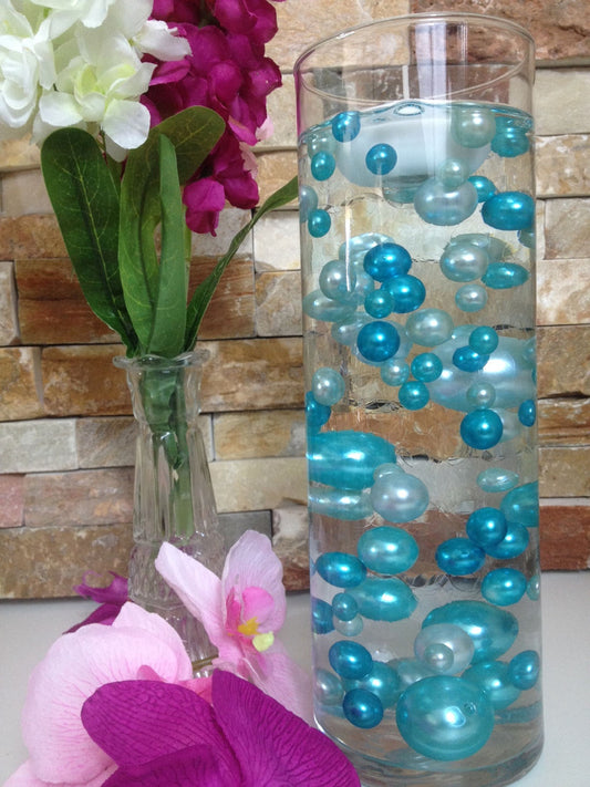 Easy DIY Floating Pearl Centerpiece Teal/Light Blue Pearls 80pc Mix, Jumbo Pearls Vase Fillers, Table Scatters, Wedding Pearl Centerpieces