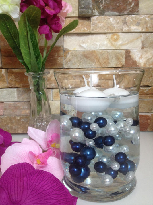 Easy DIY Floating Pearl Centerpiece, 90pc Navy Blue/White Pearls, No Hole Pearls Vase Fillers, Table Scatters