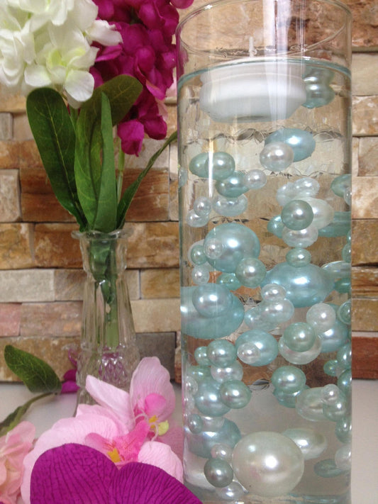 Floating Pearl Centerpieces Light Blue/white Pearls 80pc Mix, Jumbo Pearls Vase Fillers, No Hole Pearls, Wedding Pearl Centerpieces