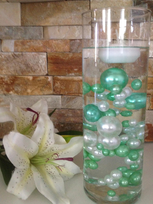 80pc Unique Floating Pearls Decor, Seafoam Green/White Pearls, Jumbo Pearls Vase Fillers, No Hole Pearls