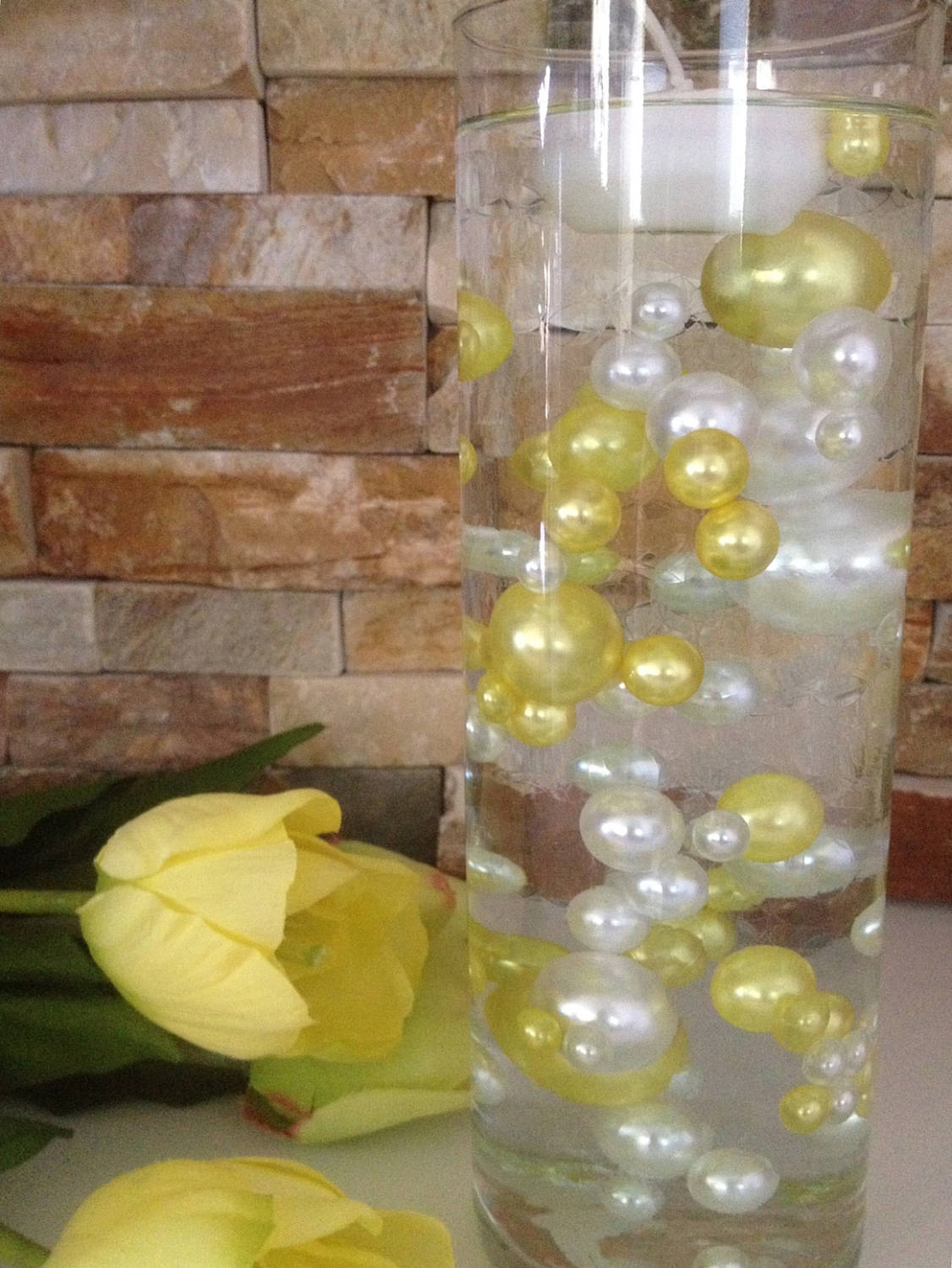 80pc Unique Floating Pearls Decor, Yellow/Ivory Pearls, Jumbo Pearls Vase Fillers, No Hole Pearls