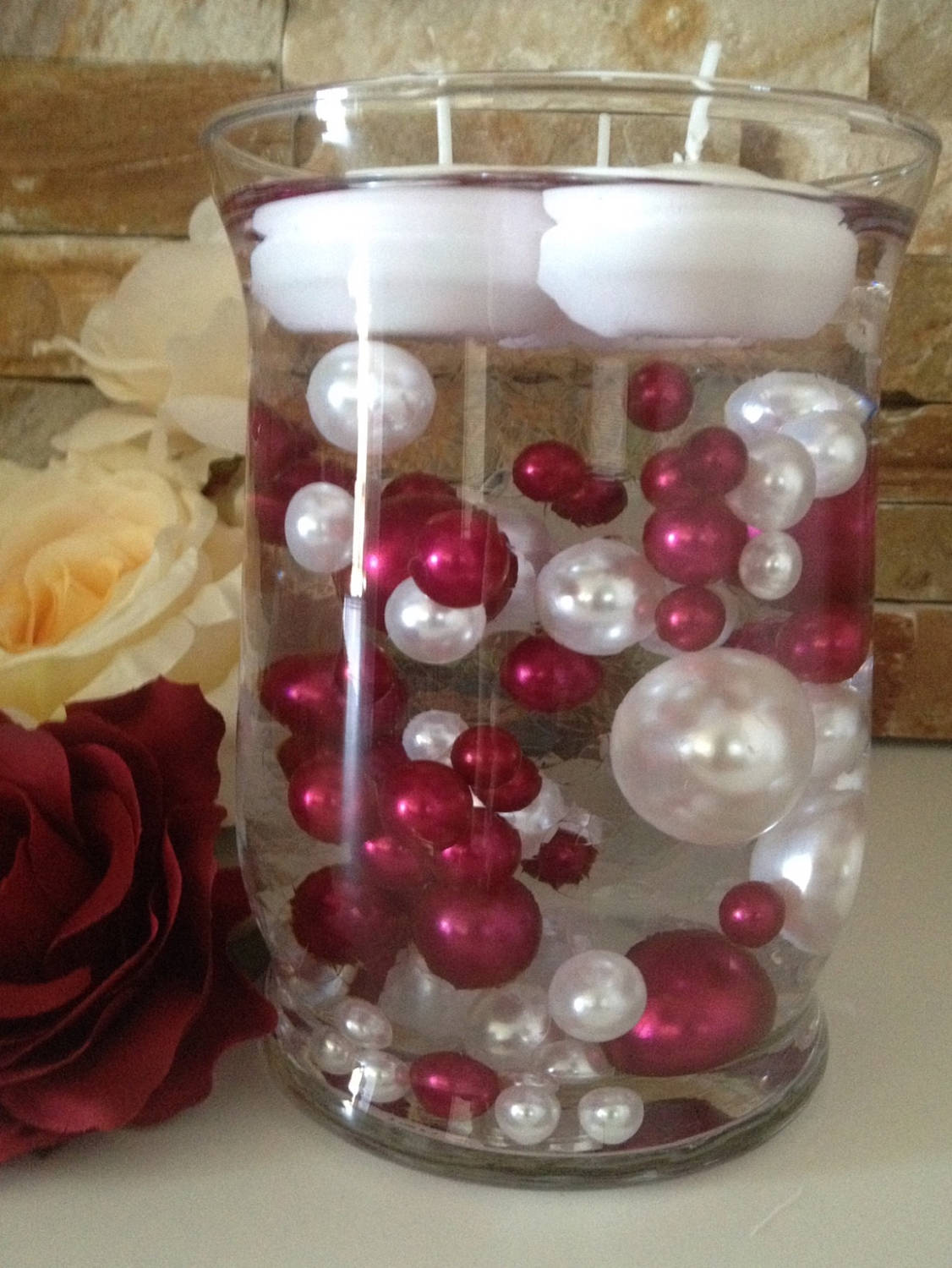 80pc Cranberry Red/White Pearls, Floating Pearls Decors, Jumbo Pearls Vase Fillers, No Hole Pearls, Decorative Pearls, Pearls Confetti