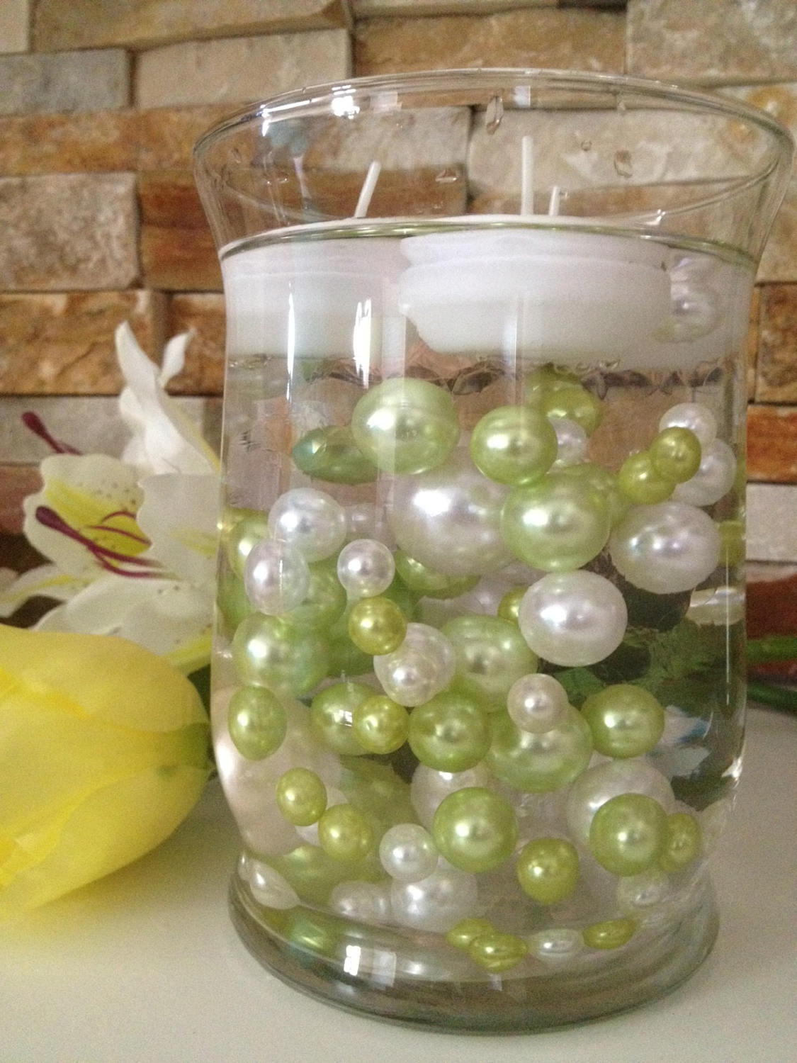 Unique Lime Green/White Pearls 80pc Mix,  Floating Pearls Decors, Jumbo Pearls Vase Fillers, Decorative Pearls, Pearls Confetti