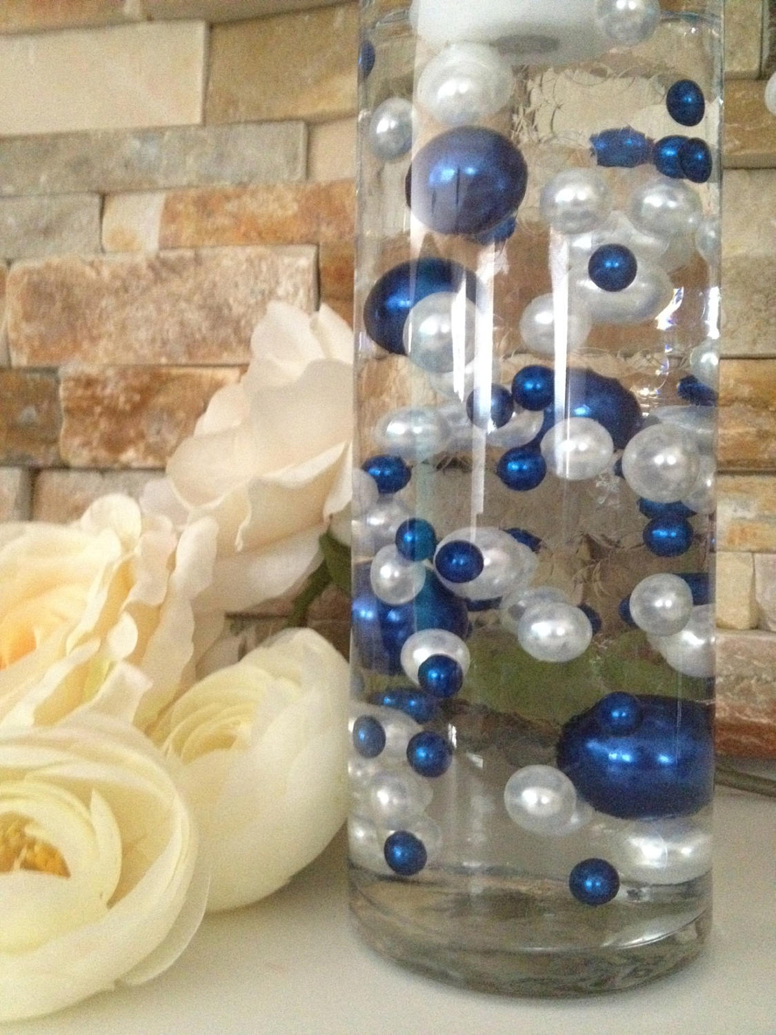 Floating Pearls Centerpieces, Royal Blue/White 80pc Mix, Jumbo Pearls Vase Fillers, Decorative Pearls