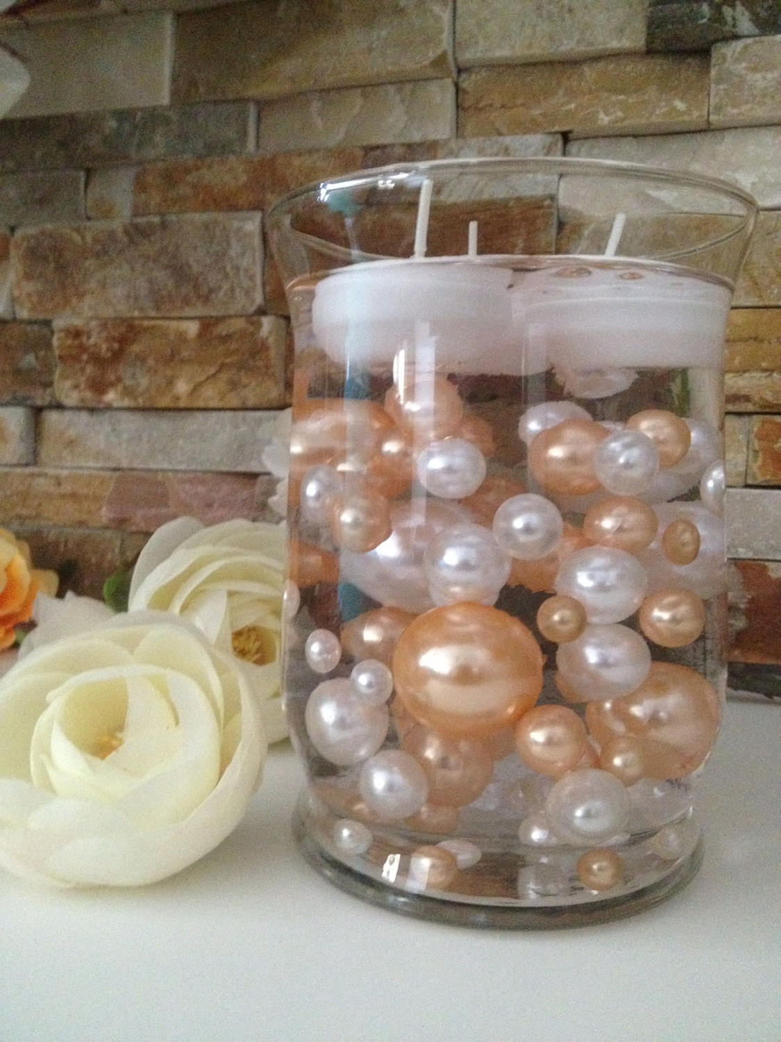 Decorative Pearls Peach/White Pearls 80pc Mix, Jumbo Pearls Vase Fillers, No Hole Pearls, Floating Pearls, Pearls Confetti