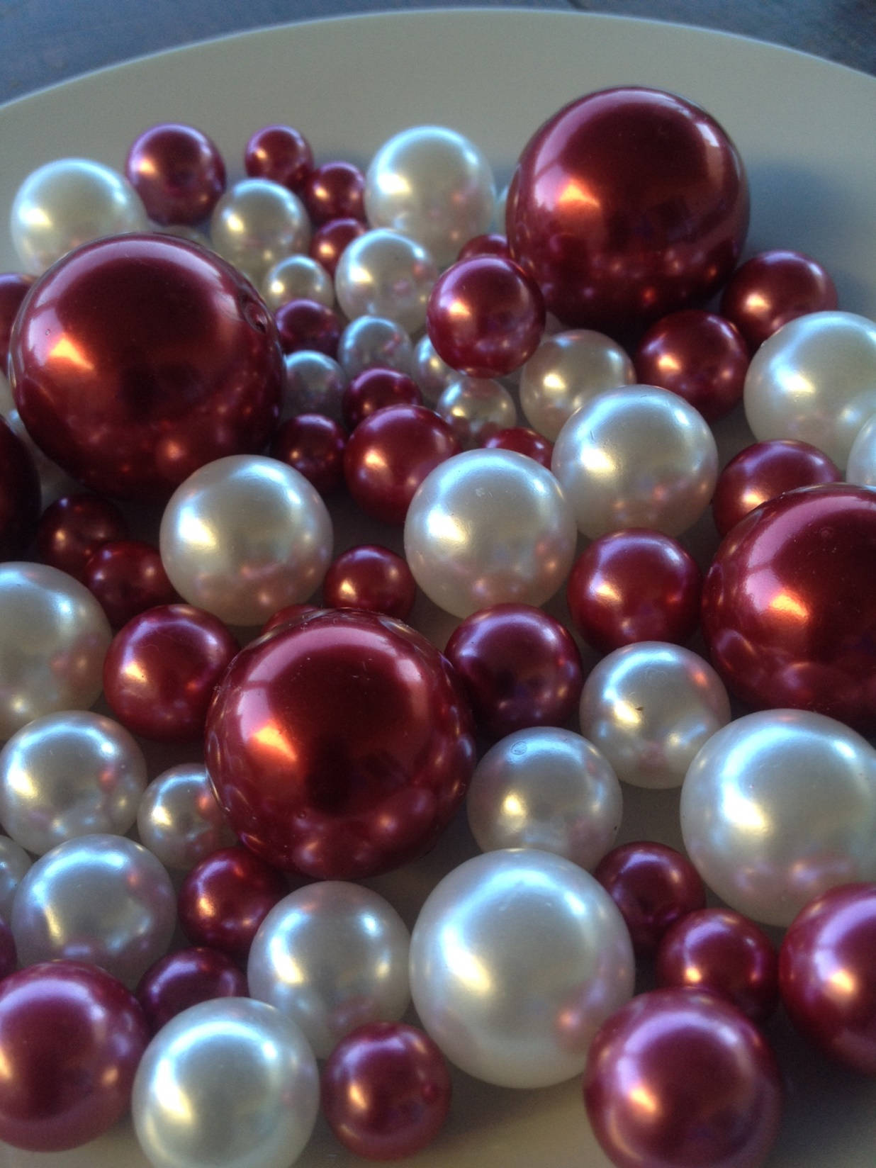 Cranberry Red/White Decorative Jumbo Pearls Vase Fillers Table Scatters, Floating Pearl Centerpiece