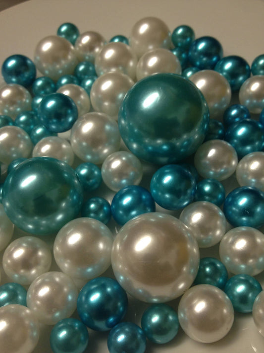 Aqua Blue Pearls/White Pearls Vase Fillers Table Scatters, Floating Pearl Centerpiece, Jumbo Pearls