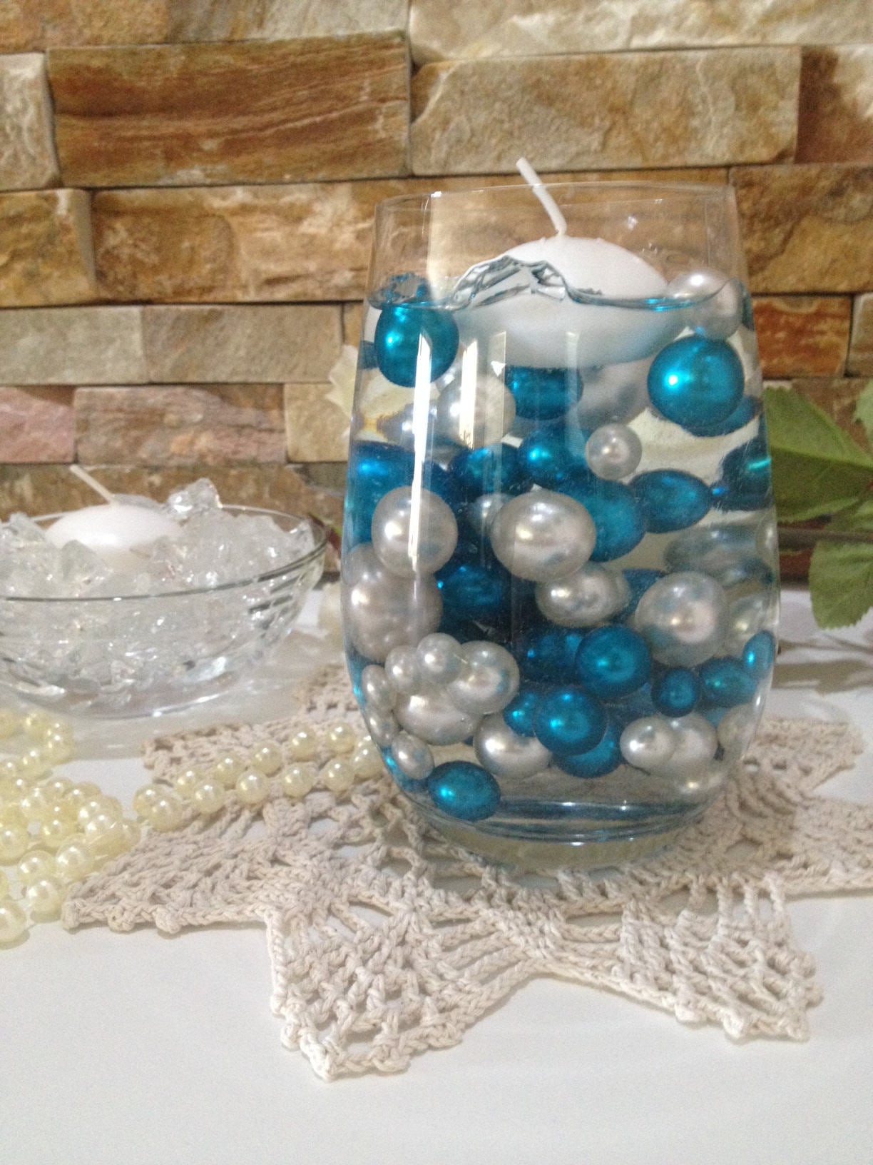 Dark Teal/Light Silver Floating Pearls Decors 80pc Mix Size  Jumbo Pearls Vase Fillers, No Hole Pearls, Decorative Pearls, Pearls Confetti