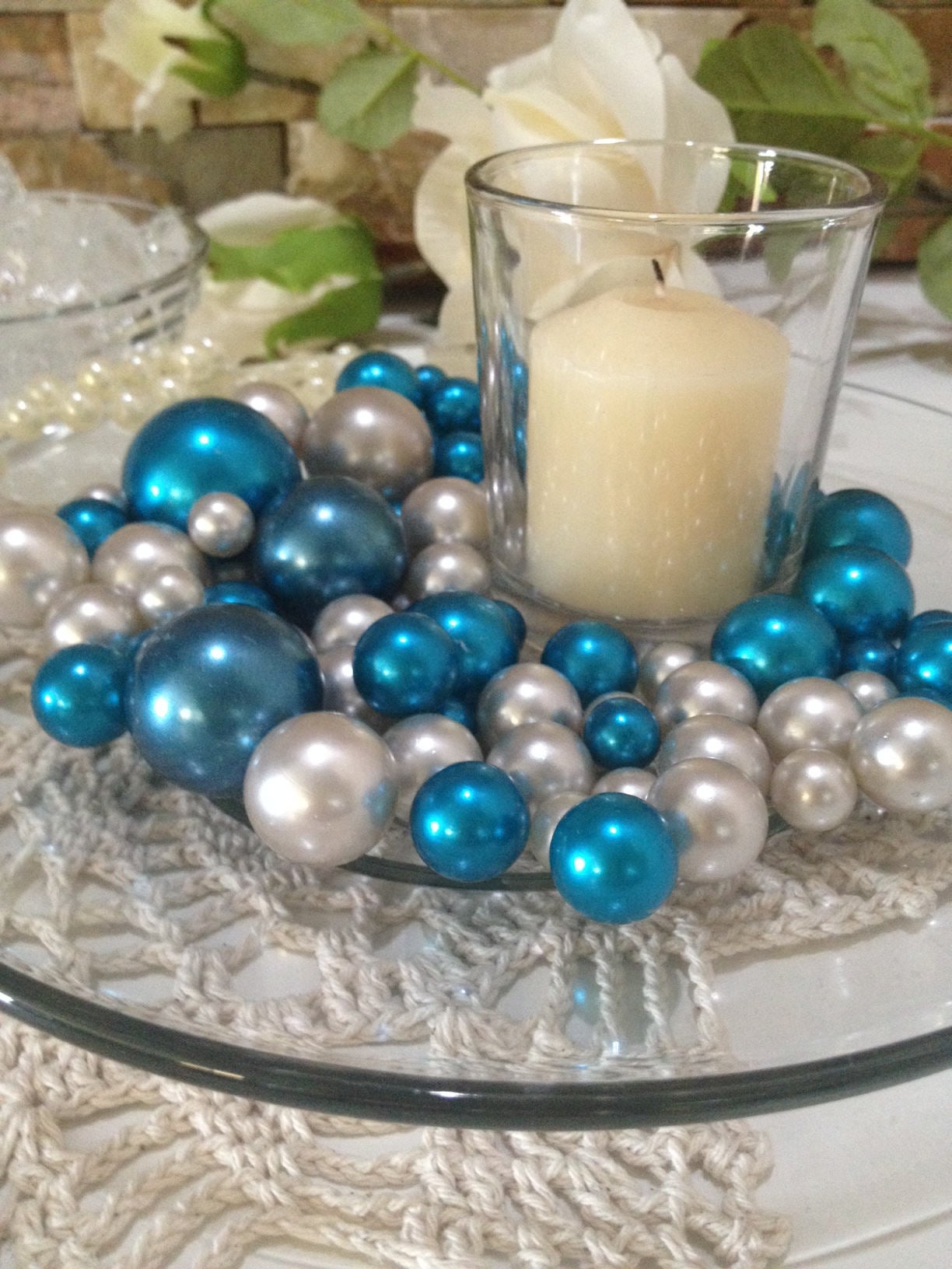 Dark Teal/Light Silver Floating Pearls Decors 80pc Mix Size  Jumbo Pearls Vase Fillers, No Hole Pearls, Decorative Pearls, Pearls Confetti