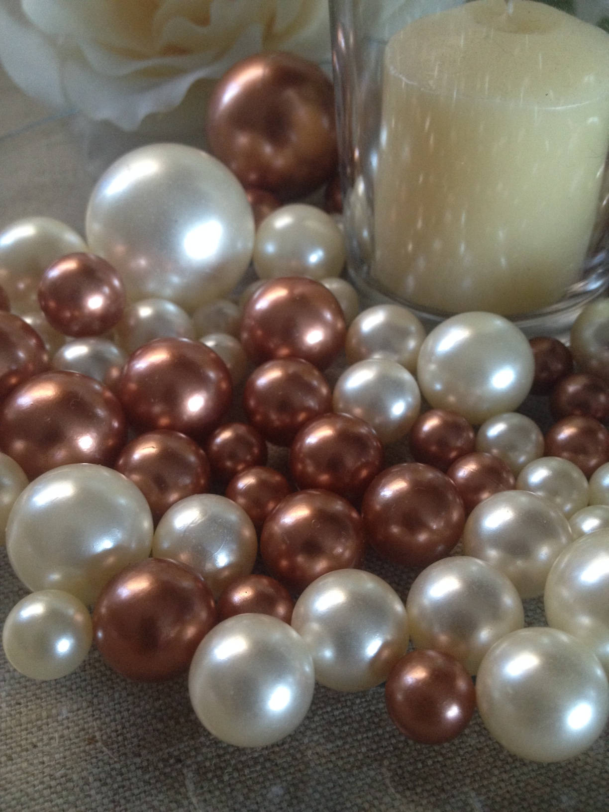 Burnt Copper Orange/Ivory Decorative Jumbo Pearls Vase Filler Mix, Table Scatters, Floating Pearl Centerpiece