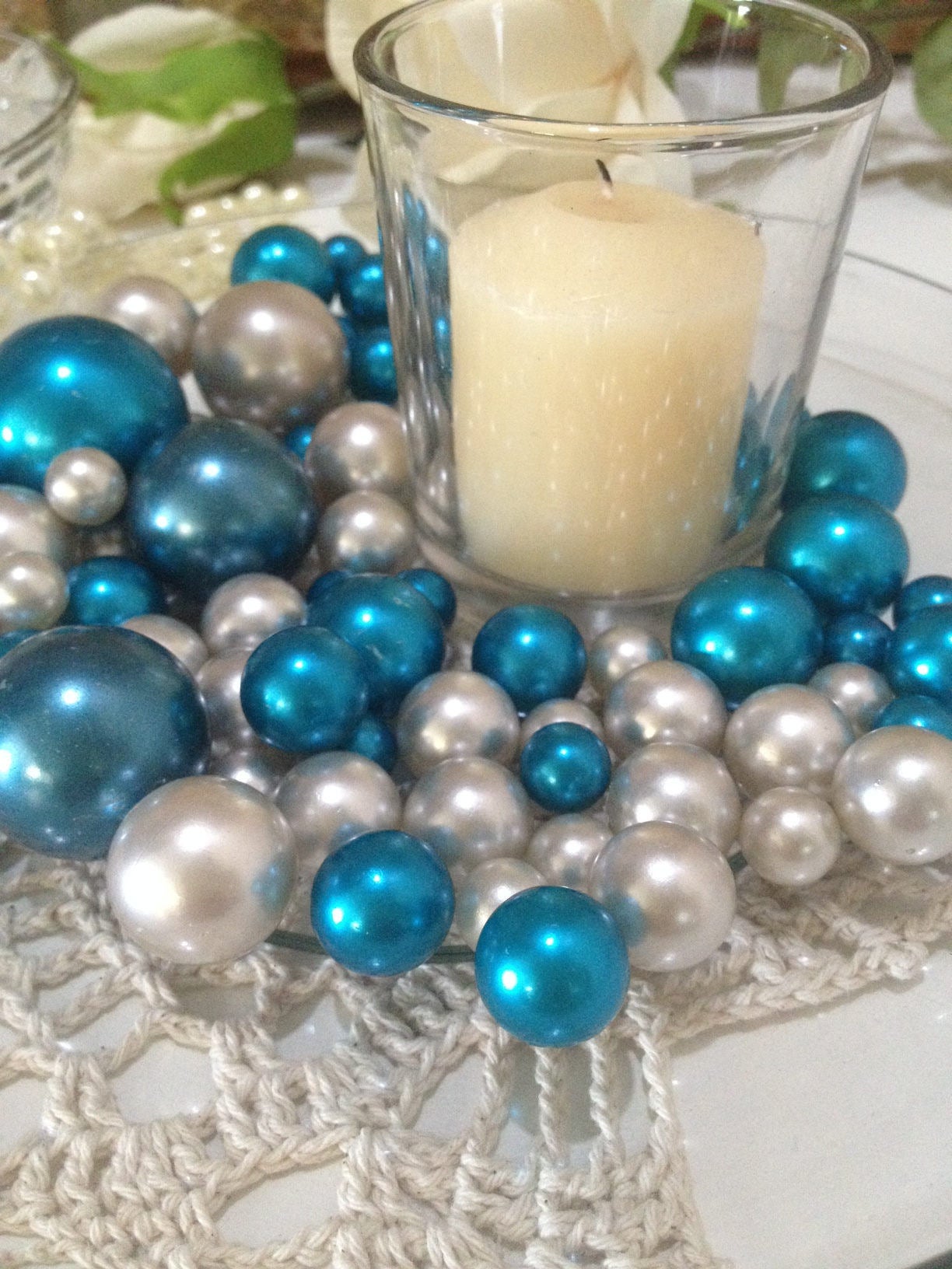 Dark Teal/Light Silver Jumbo Pearls Vase Fillers, 80pc Mix No Hole Pearls, Decorative Pearls, Pearls Confetti