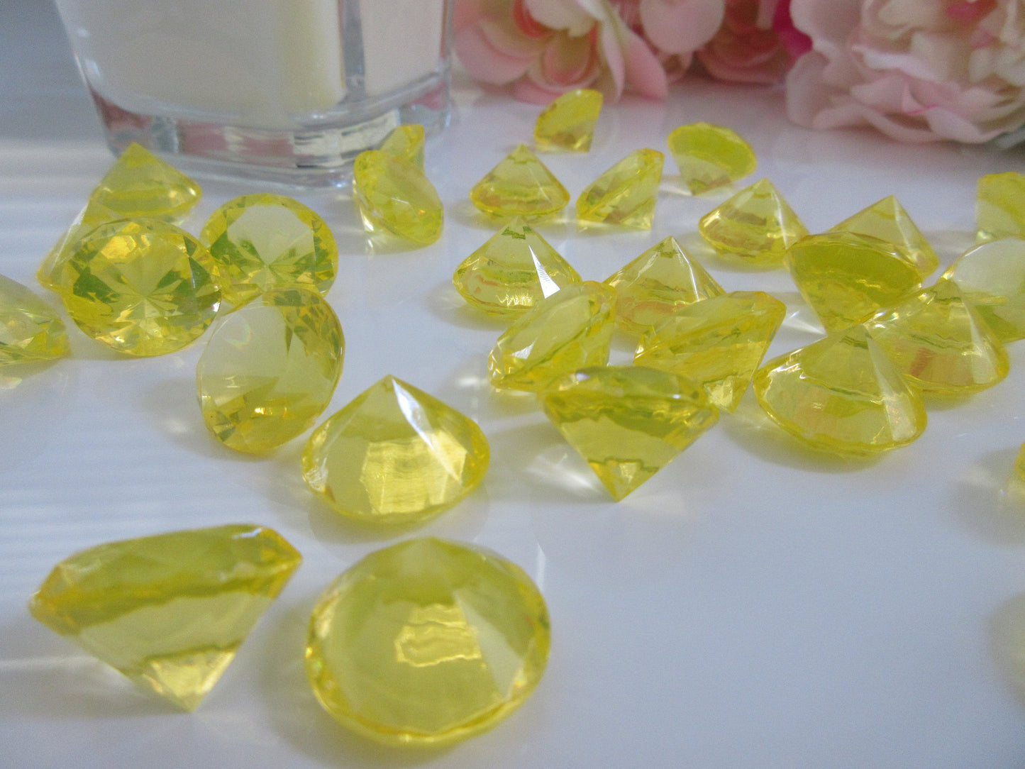 19mm Lemon Yellow Acrylic Diamond Gems 100/pk For Table Confetti, Vase Fillers, Table Scatters