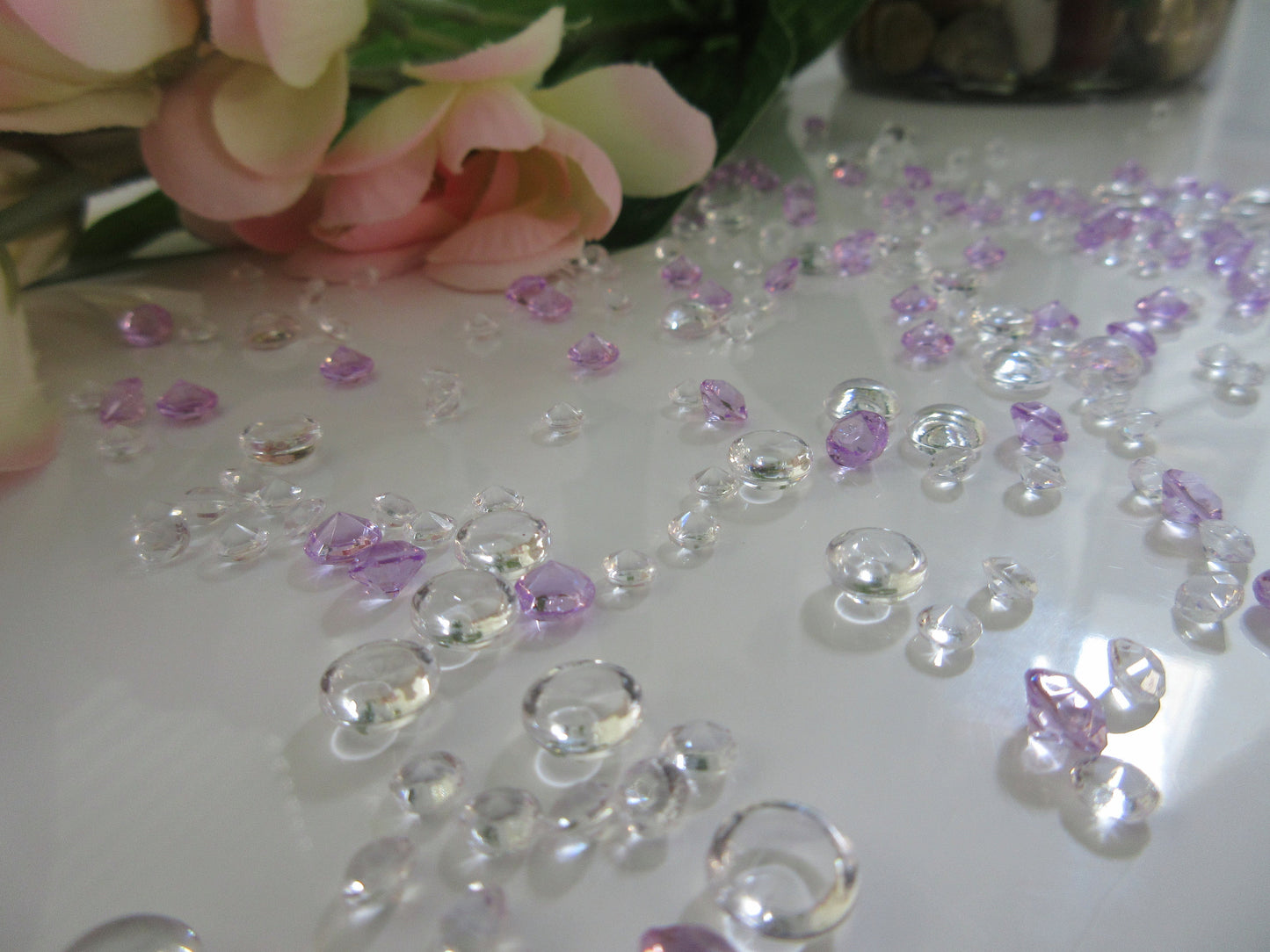 3000 Mixed Size Lavendar/Clear Acrylic Diamond Gems, Raindrop beads Vase Fillers Table Scatters(4.5mm, 6mm, 7mm)