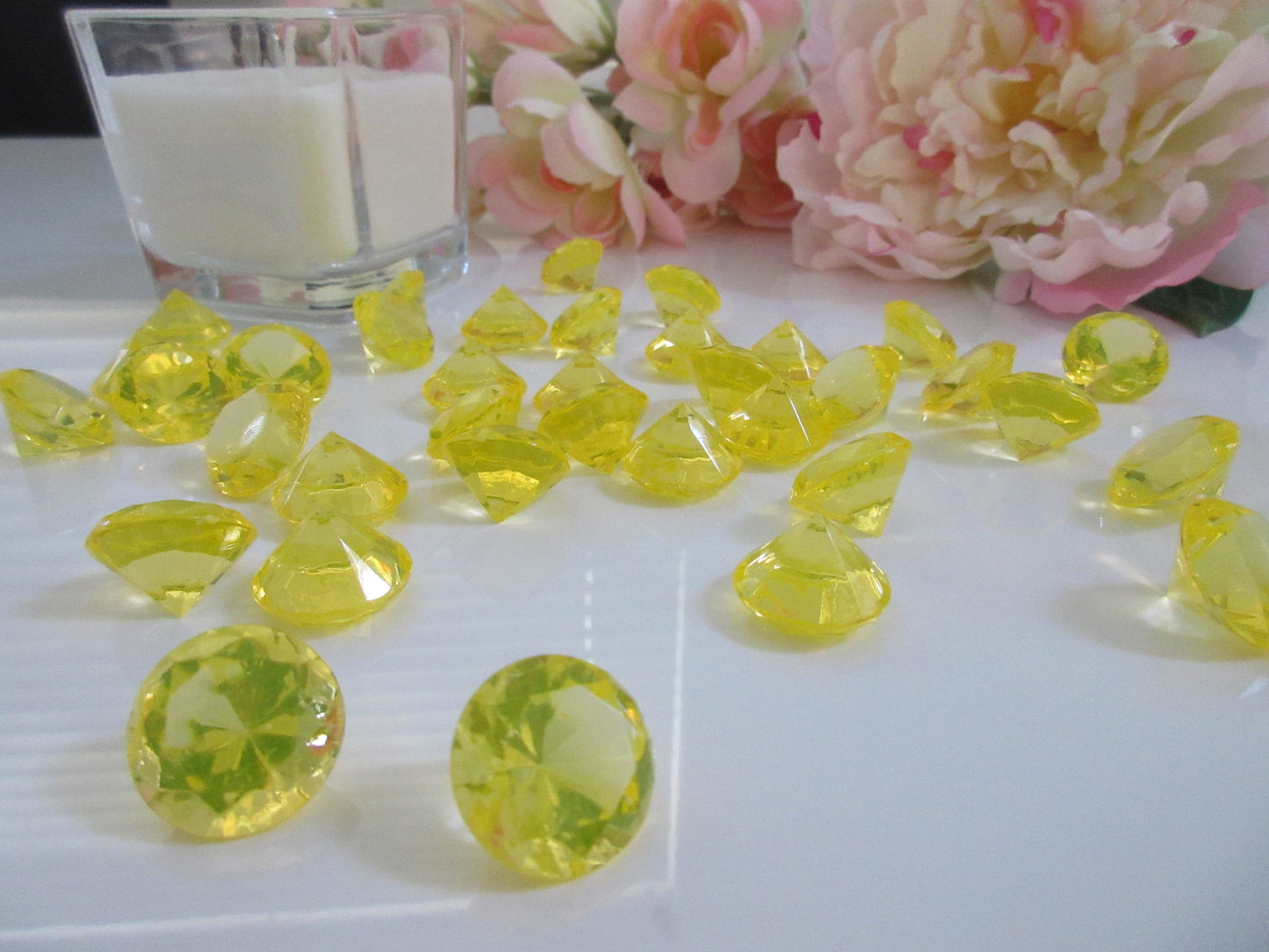 19mm Lemon Yellow Acrylic Diamond Gems 100/pk For Table Confetti, Vase Fillers, Table Scatters