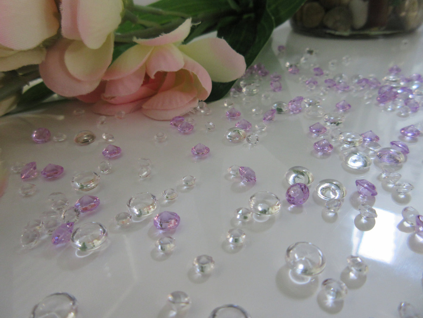 3000 Mixed Size Lavendar/Clear Acrylic Diamond Gems, Raindrop beads Vase Fillers Table Scatters(4.5mm, 6mm, 7mm)