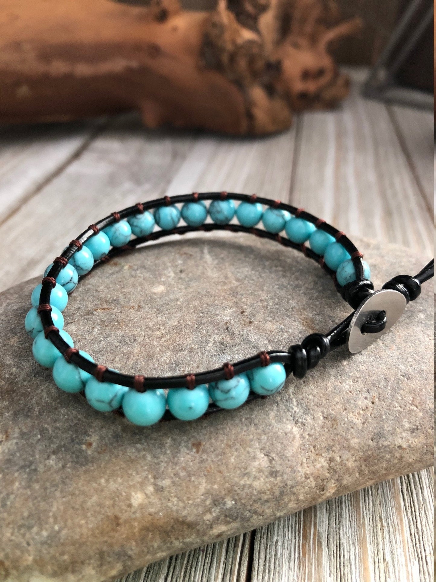 Chakra Turquoise Beaded Bracelet, One wrap Leather Crystal Healing Jewelery, Mandala bracelet, Meditation charm, Chakra Bracelet