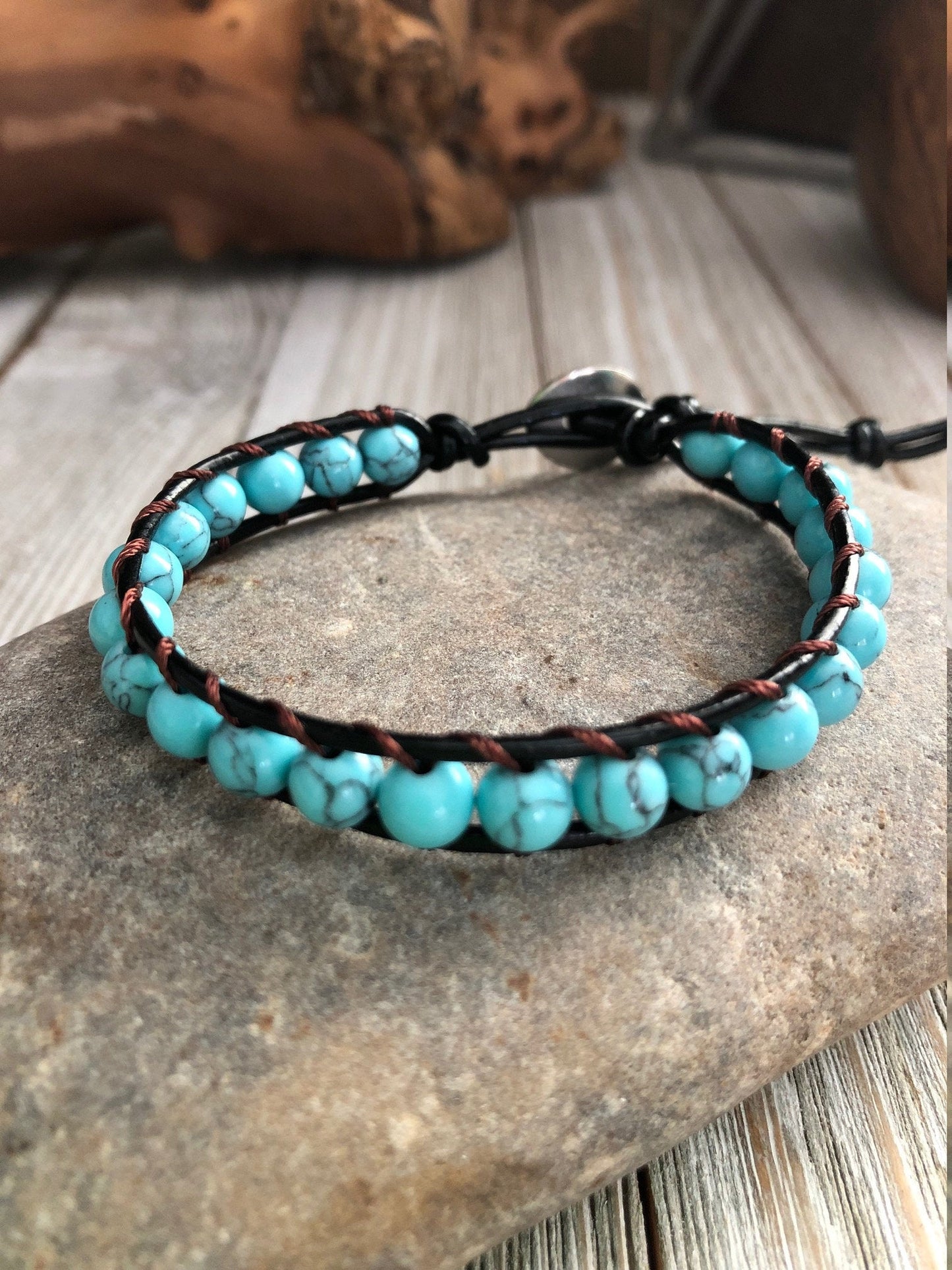 Chakra Turquoise Beaded Bracelet, One wrap Leather Crystal Healing Jewelery, Mandala bracelet, Meditation charm, Chakra Bracelet