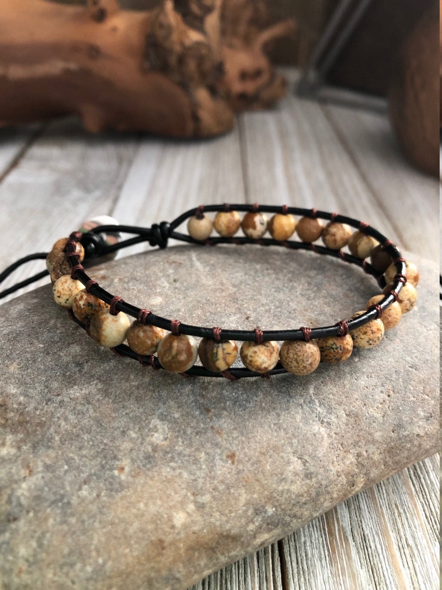 Chakra Brown Jasper Beaded Bracelet, One wrap Leather Crystal Healing Jewelery, Mandala bracelet, Meditation charm, Chakra Bracelet