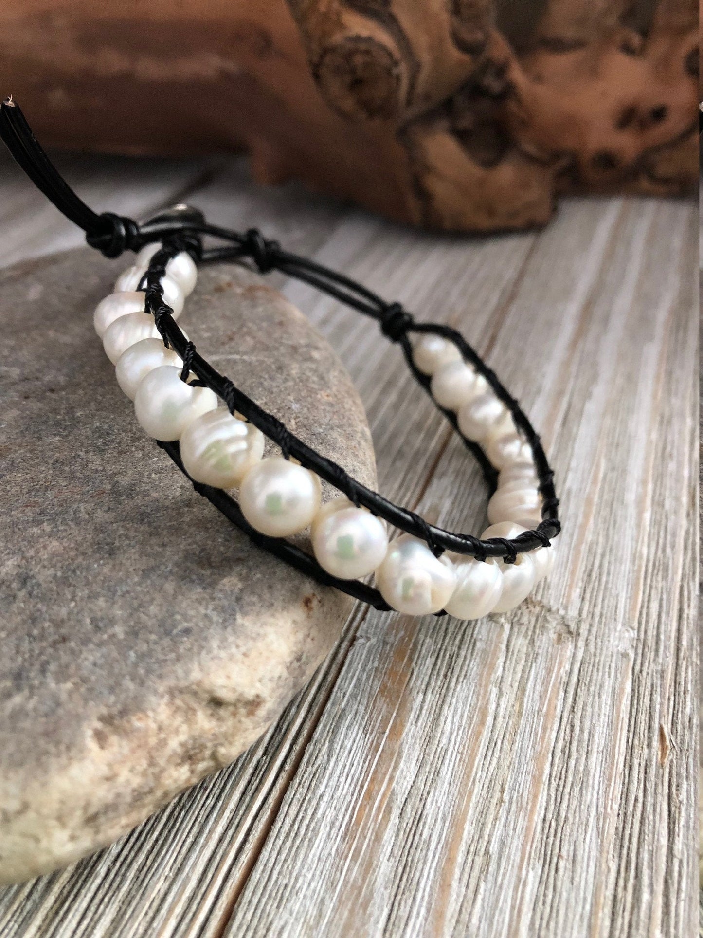 Fresh Water Pearl Leather Bracelet,  Healing property crystals, Boho bracelet, Good Luck bracelet, Mandala bracelet, Meditation bracelet