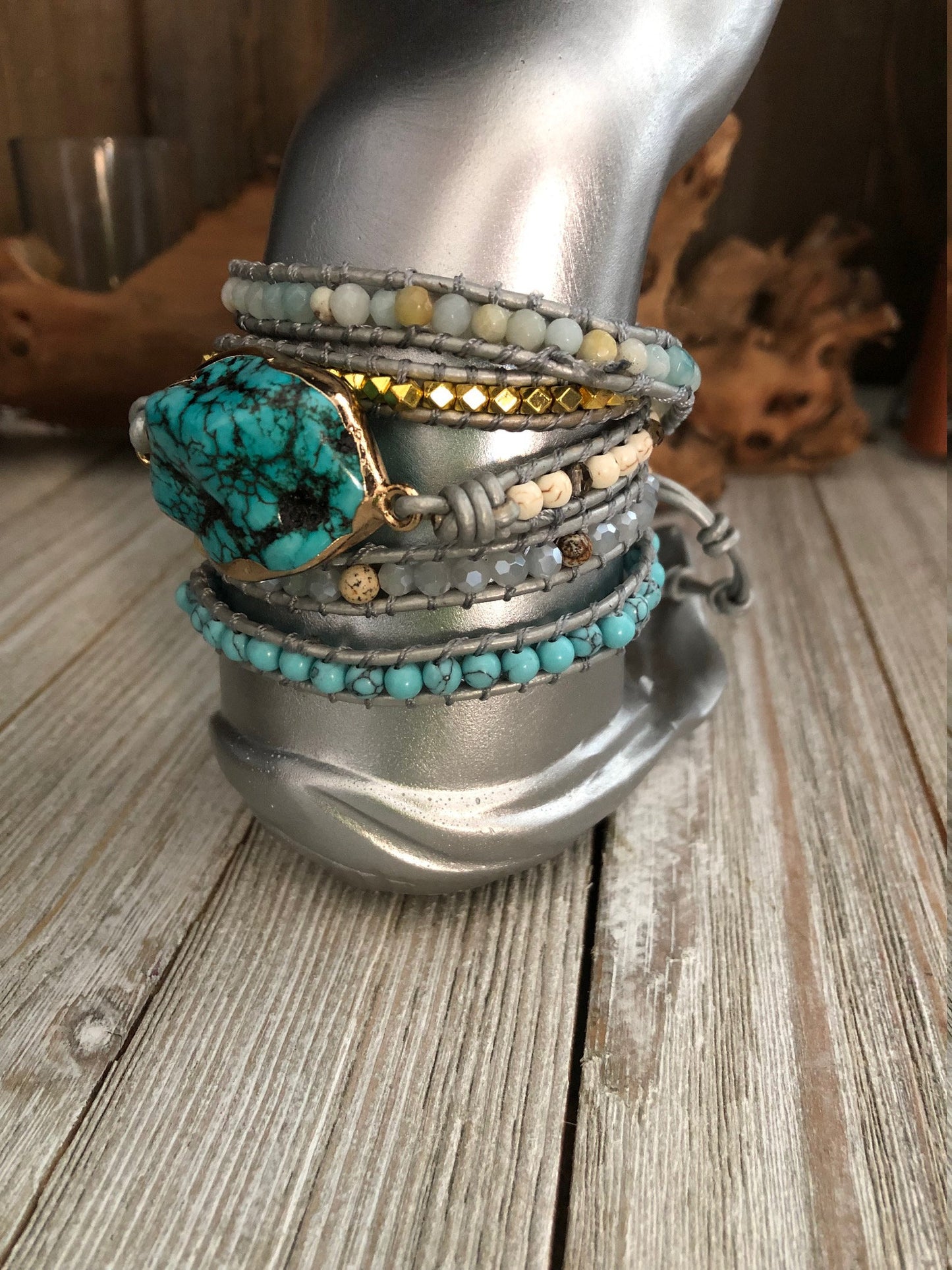 Turquoise precious stones 5 wrap leather Bracelet, Boho wrap leather bracelet, Good Luck bracelet, Mandala bracelet, Meditation bracelet