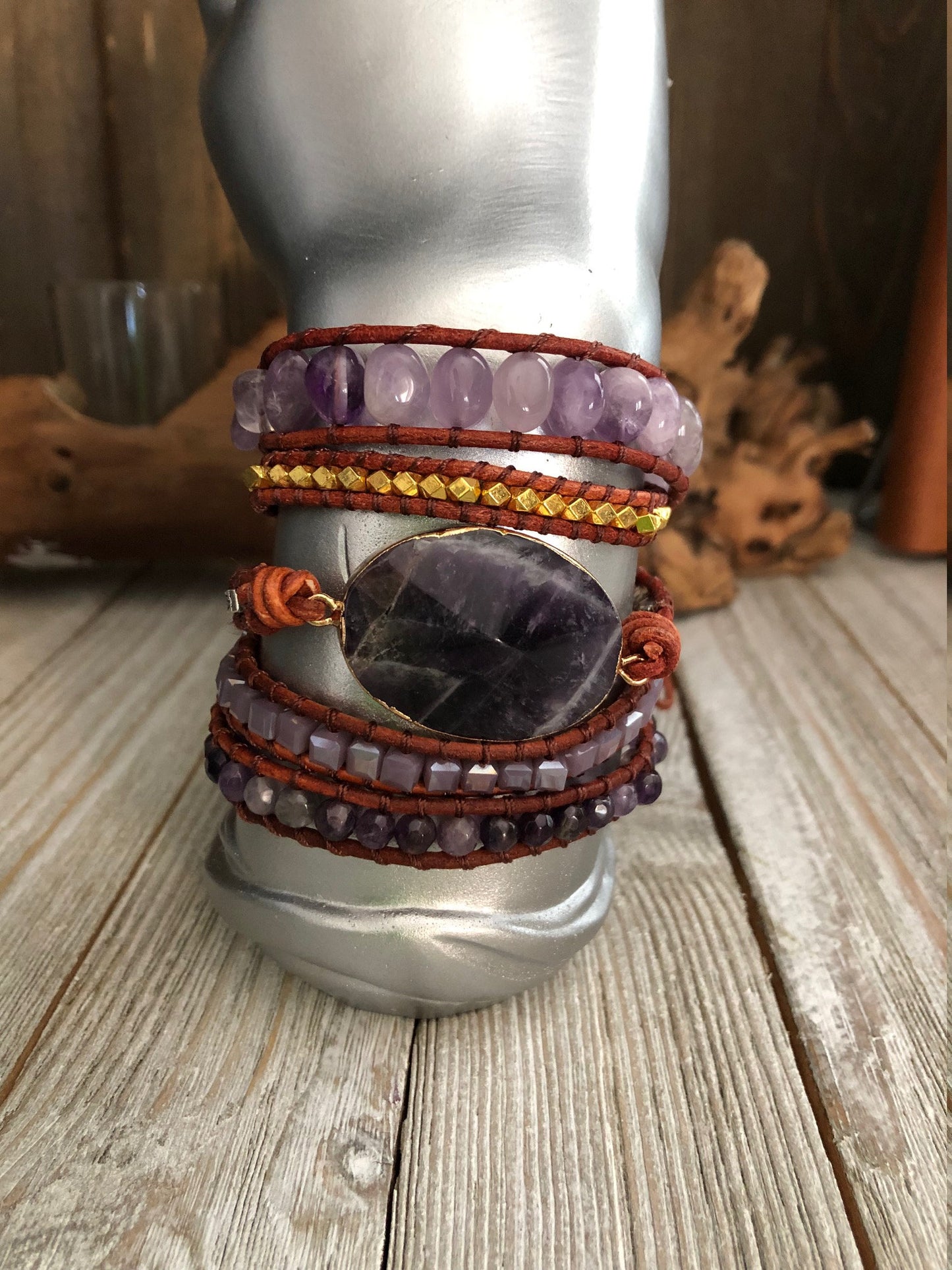 Amethyst semi precious stones 5 wrap leather Bracelet, Boho wrap leather bracelet, Good Luck bracelet, Bohemian Bracelet