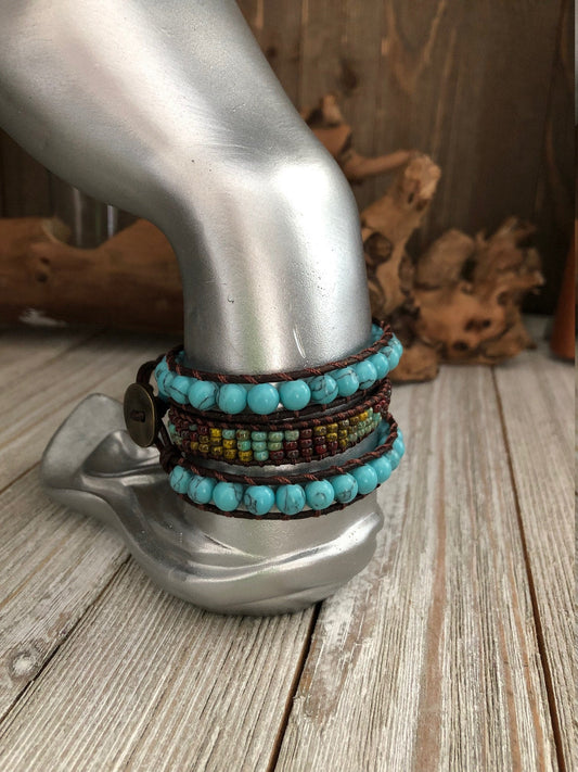 Turquoise and Jasper seed bead 3 wrap leather Bracelet, Boho wrap leather bracelet, Good Luck bracelet, Bohemian Bracelet