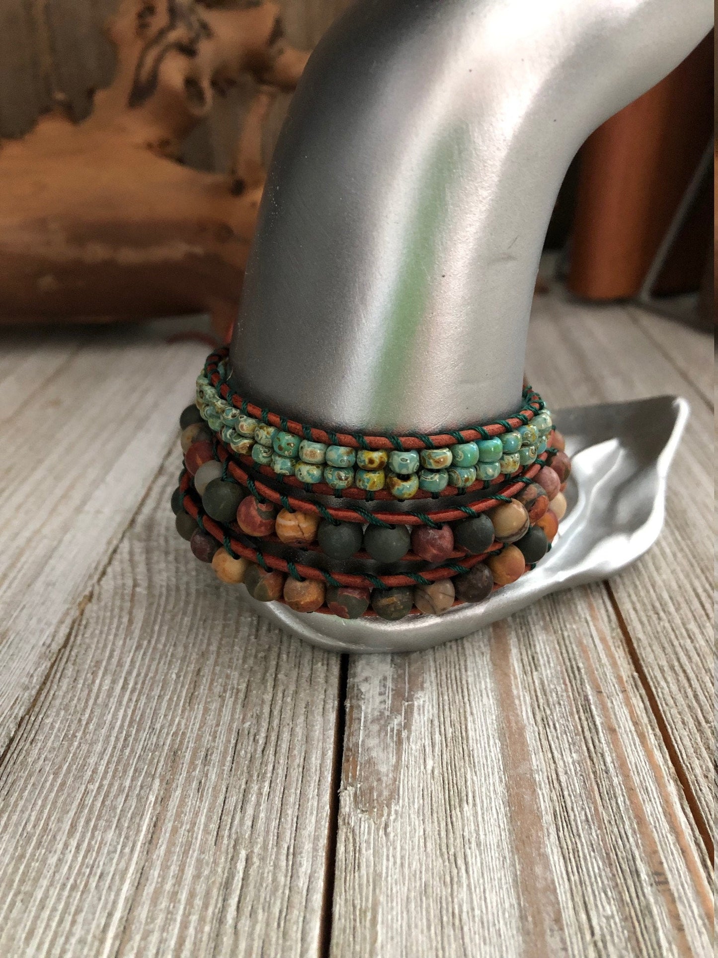 Indian Agate semi precious stones 3 wrap leather Bracelet, Boho wrap leather bracelet, Yoga meditation bracelet, Bohemian Bracelet