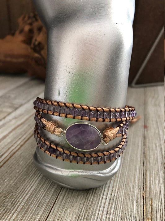 Amethyst semi precious stones, 3 wrap Bracelet, Boho beaded wrap bracelet, Yoga meditation bracelet, Bohemian Bracelet