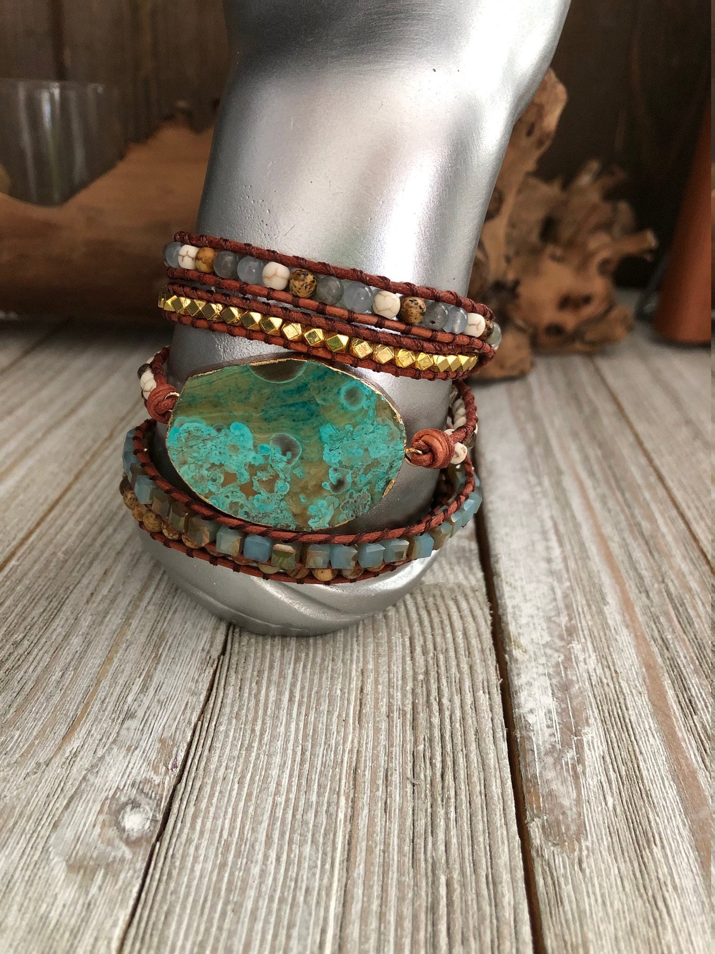 Ocean jasper semi precious stones 5 wrap leather Bracelet, Boho beaded wrap bracelet, Yoga meditation bracelet, Bohemian Bracelet