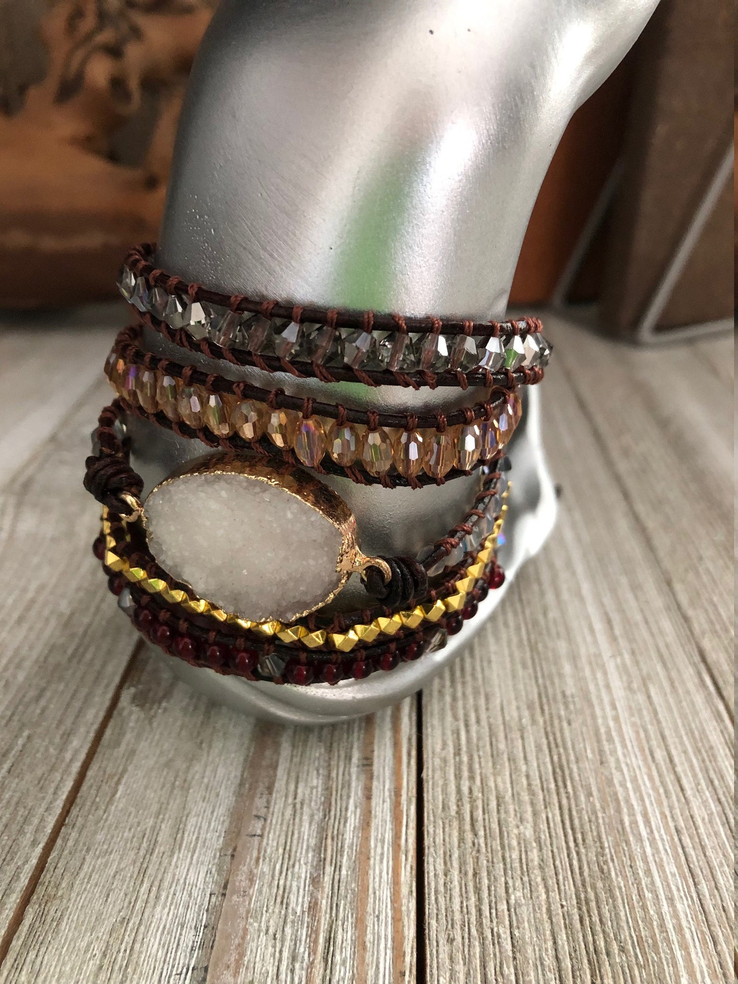 White druzy, crystal beads 5 wrap leather Bracelet, Boho beaded wrap bracelet, Yoga meditation bracelet, Bohemian Bracelet