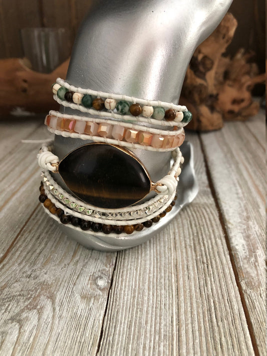 Tigers Eye semi precious stones  5 wrap leather Bracelet, Boho beaded wrap bracelet, Yoga meditation bracelet, Bohemian Bracelet