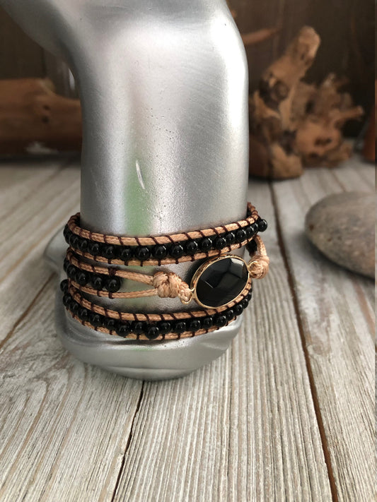 Obsidian semi precious stone 3 wrap bracelet,  Boho wrap bracelet, Yoga meditation bracelet, Bohemian Bracelet