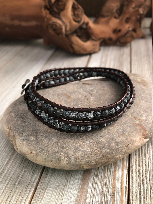 Pumice Lava stone double wrap leather bracelet,  Boho wrap bracelet, Yoga meditation bracelet, Bohemian Bracelet