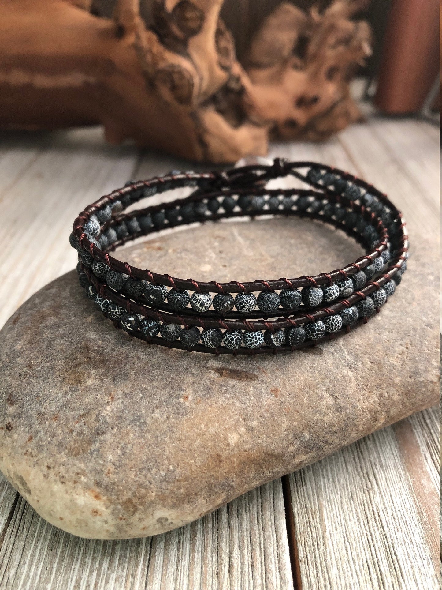 Pumice Lava stone double wrap leather bracelet,  Boho wrap bracelet, Yoga meditation bracelet, Bohemian Bracelet