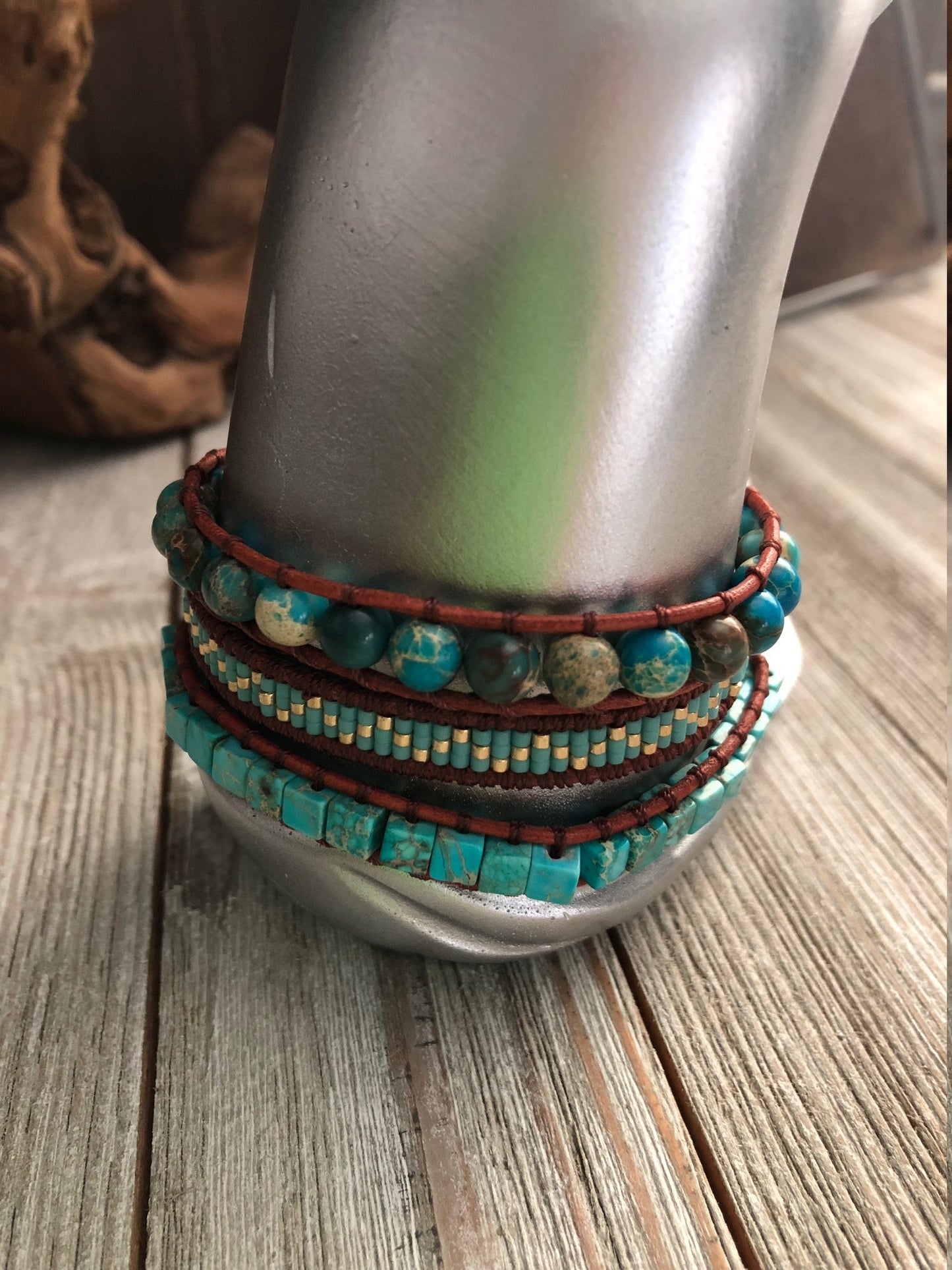 Turquoise semi precious stone 3 wrap leather bracelet,  Boho wrap bracelet, Yoga meditation bracelet, Bohemian Bracelet