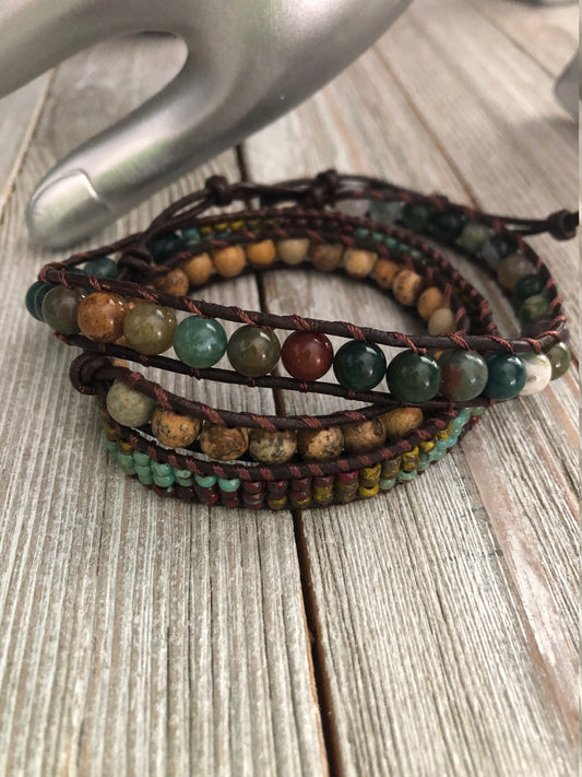 Indian Agate 3 wrap leather bracelet,  Boho wrap bracelet, Yoga meditation bracelet, Bohemian Bracelet